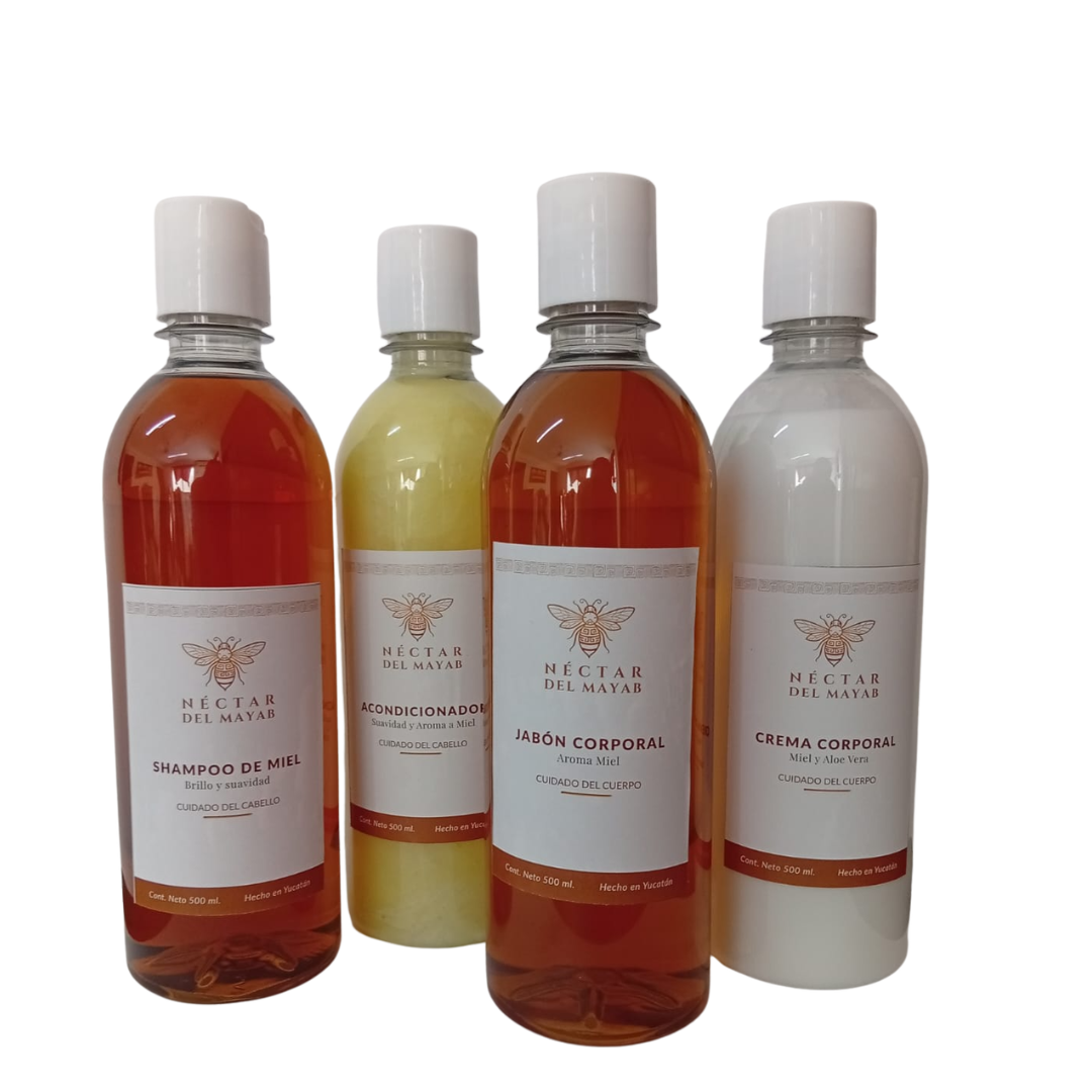 Kit Ducha de Miel Maya: Shampoo, Acondicionador, Jabón y Crema Corporal (Néctar del Mayab)