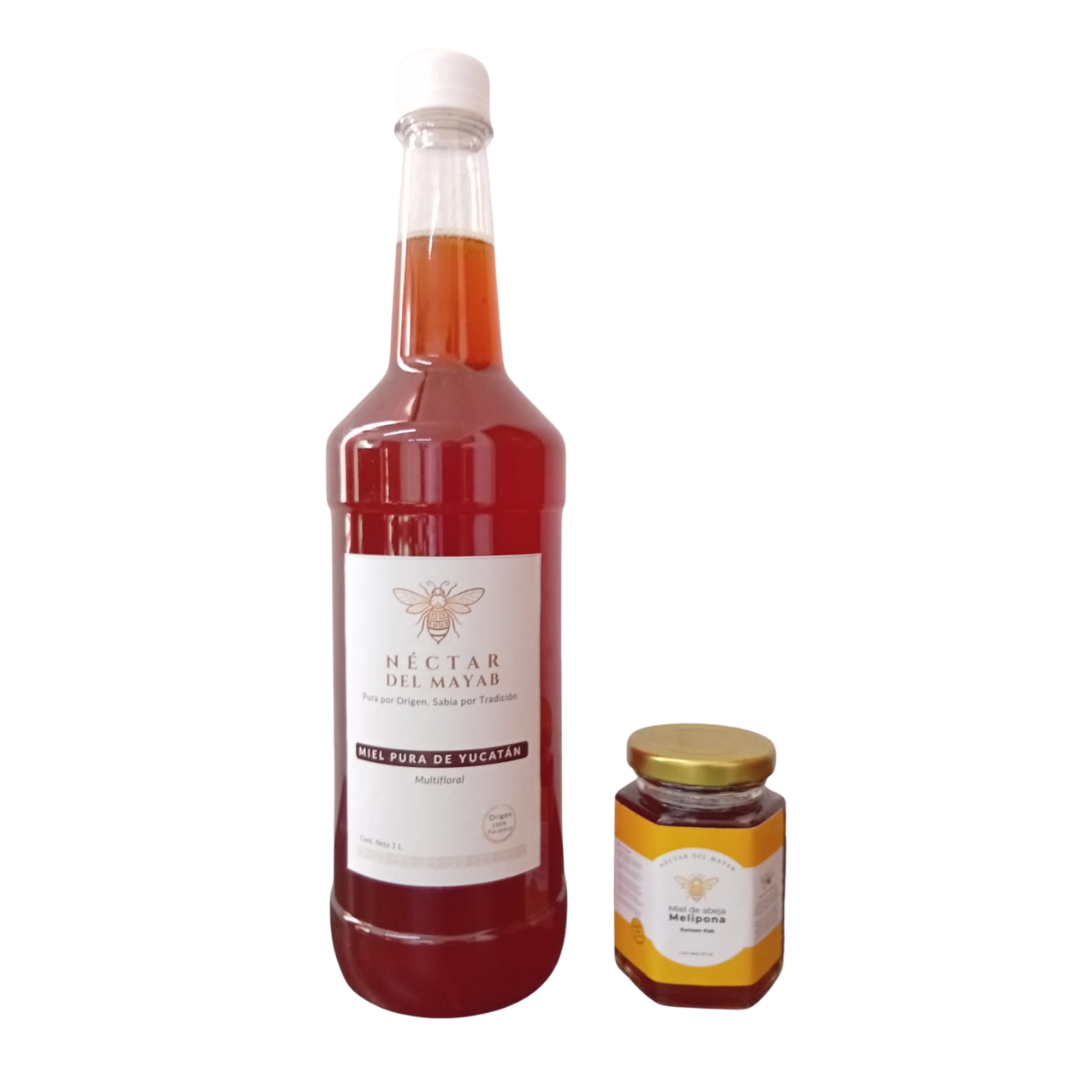 Dúo Miel Yucateca: Miel de Abeja Pura (1 Litro) + Miel Melipona Sagrada (120 ml)